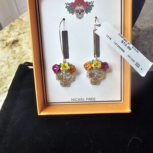 Floral Skull Drop Earrings - Multicolor - Nickel Free